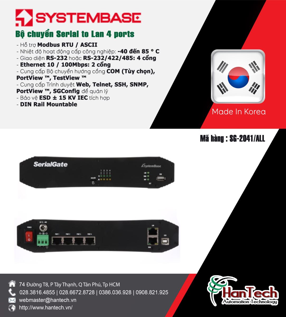 ►Bộ chuyển Serial to Lan 4 ports/Systembase Thương hiệu đến từ Hàn Quốc [HanTech Automation] ◄